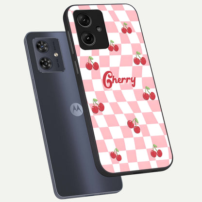  Sweet Cherry Vibes phone case For Moto G54 showing premium glass back cover with detailed artwork