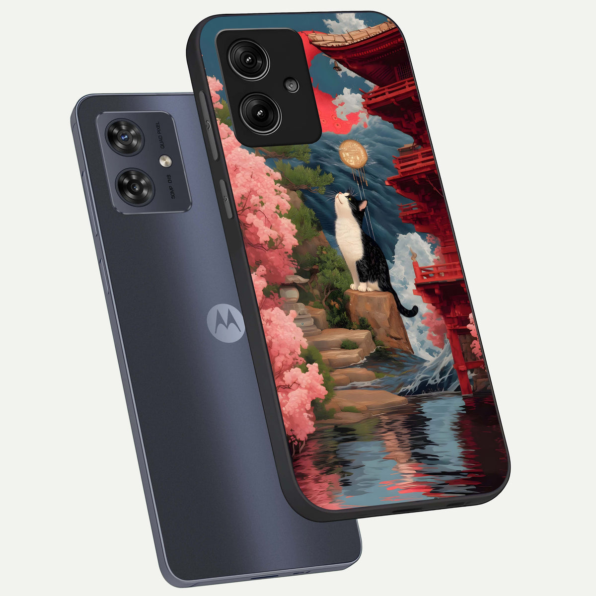  Temple Cat Scenery phone case For Moto G54 showing premium glass back cover with detailed artwork