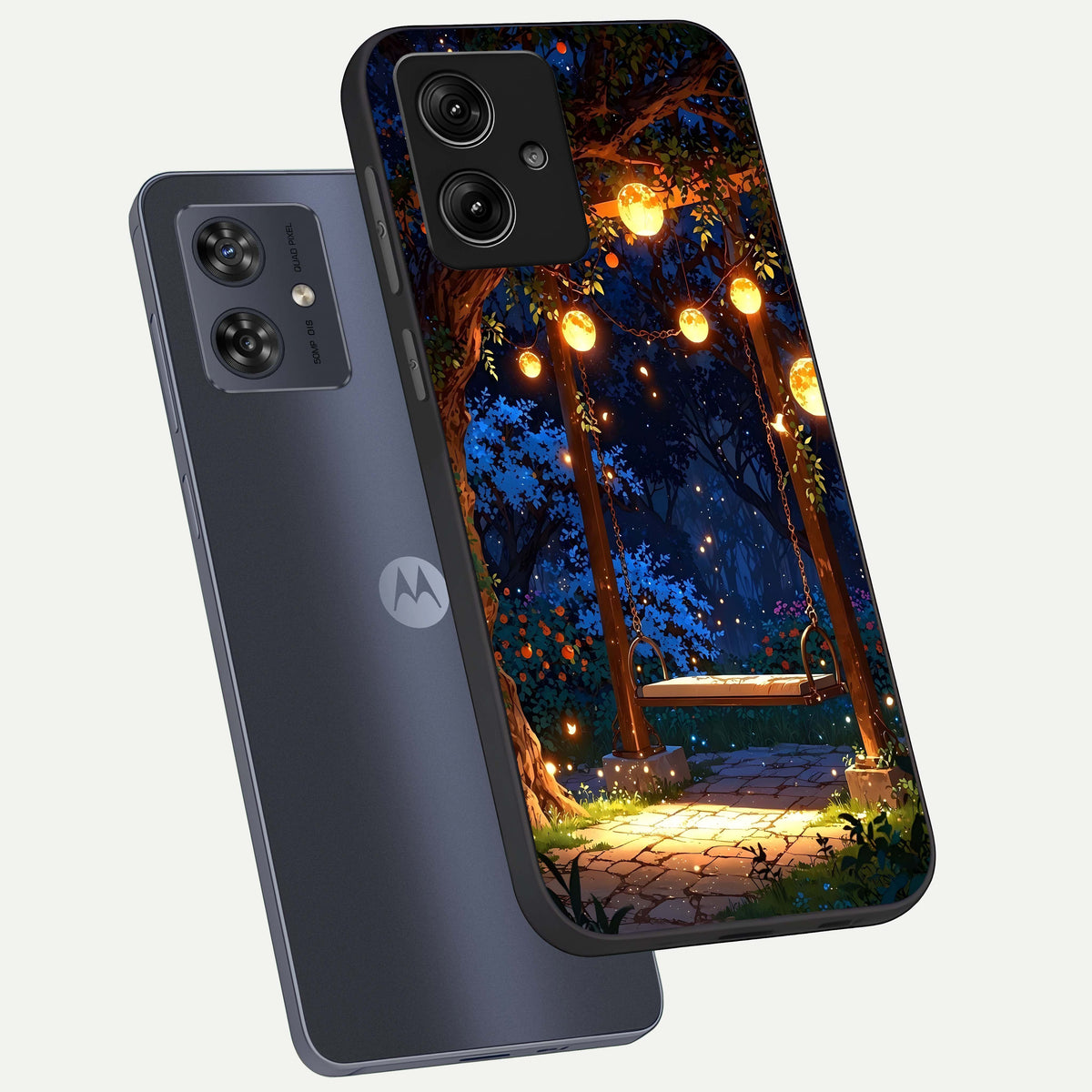  Twilight Garden Swing phone case For Moto G54 showing premium glass back cover with detailed artwork
