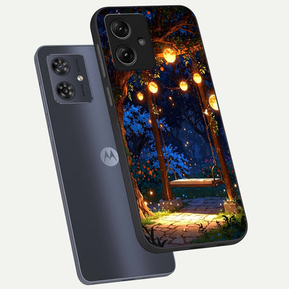  Twilight Garden Swing phone case For Moto G54 showing premium glass back cover with detailed artwork