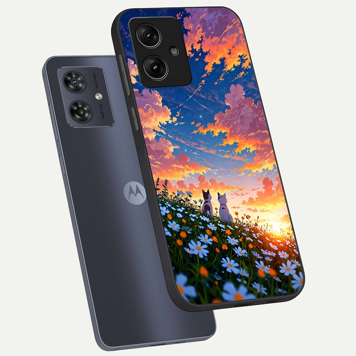  Two Cats Friends phone case For Moto G54 showing premium glass back cover with detailed artwork