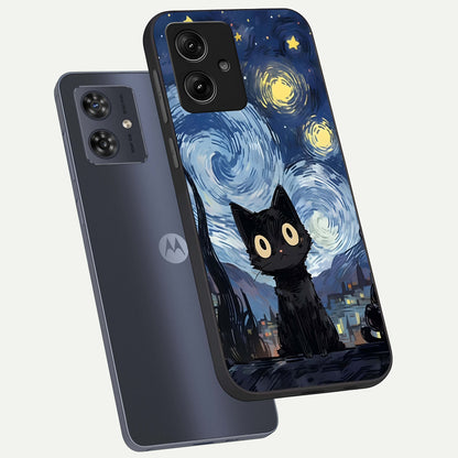  Van Gogh Cat phone case For Moto G54 showing premium glass back cover with detailed artwork