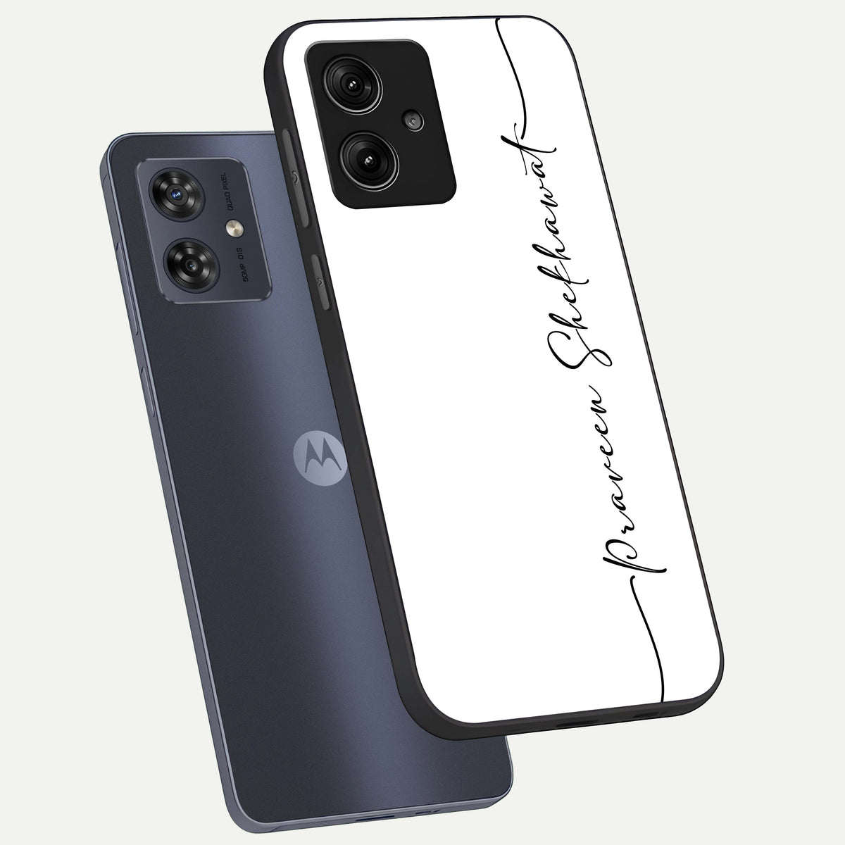 White Tune Custom Name phone case For Moto G54 showing premium custom name glass back cover