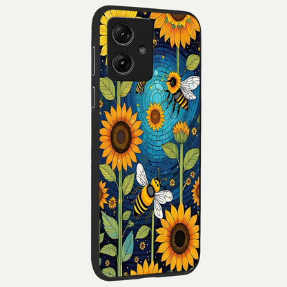  Bees And Sunflowers back cover For Moto G54 slim fit glass case with vibrant aesthetic design