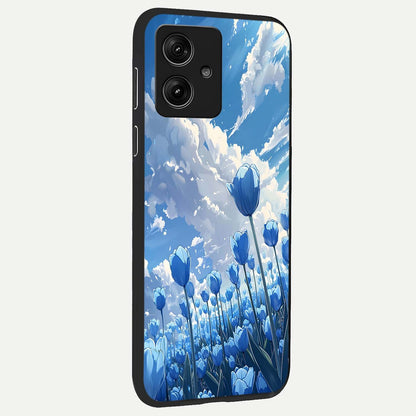  Blue Tulip Clouds back cover For Moto G54 slim fit glass case with vibrant aesthetic design