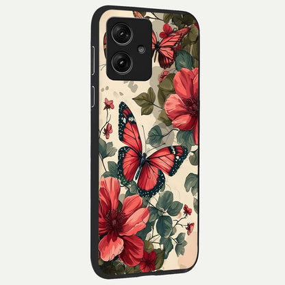  Crimson Butterfly Garden back cover For Moto G54 slim fit glass case with vibrant aesthetic design