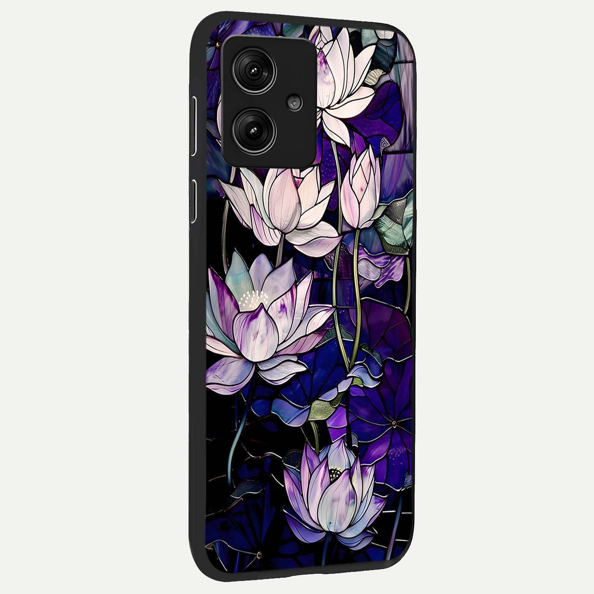  Purple Lotus Pattern back cover For Moto G54 slim fit glass case with vibrant aesthetic design