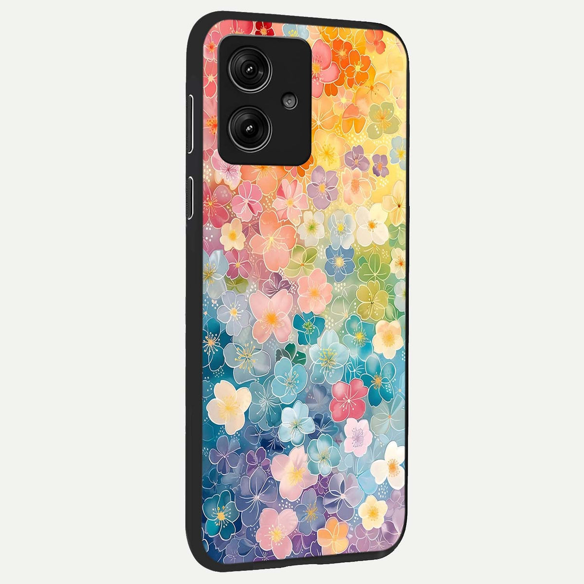  Rainbow Blossom Burst back cover For Moto G54 slim fit glass case with vibrant aesthetic design
