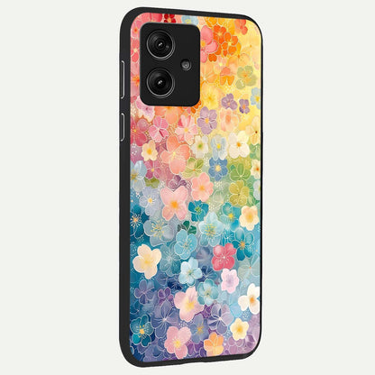  Rainbow Blossom Burst back cover For Moto G54 slim fit glass case with vibrant aesthetic design