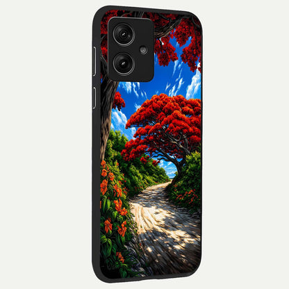  Red Trees Pathway back cover For Moto G54 slim fit glass case with vibrant aesthetic design