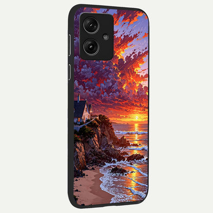  Sunset House By Sea back cover For Moto G54 slim fit glass case with vibrant aesthetic design