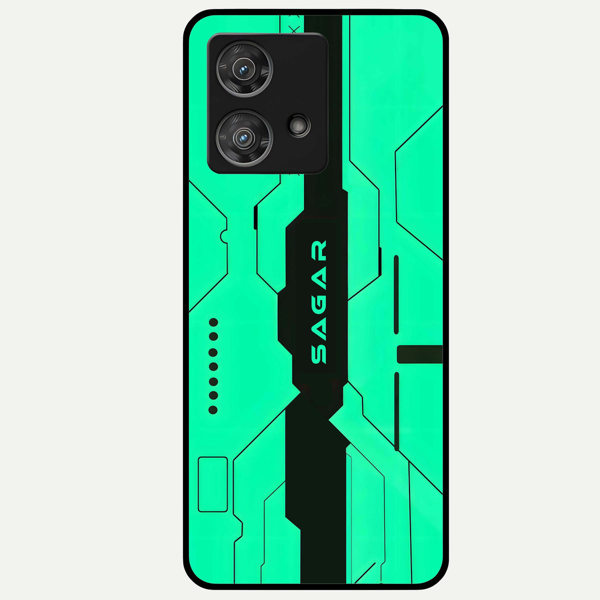  Aqua Tech CYBERPUNK Custom Name Glass Case For Moto Edge 40 Neo back cover – full design glossy printed glass finish