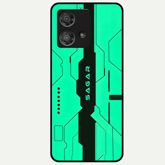  Aqua Tech CYBERPUNK Custom Name Glass Case For Moto Edge 40 Neo back cover – full design glossy printed glass finish