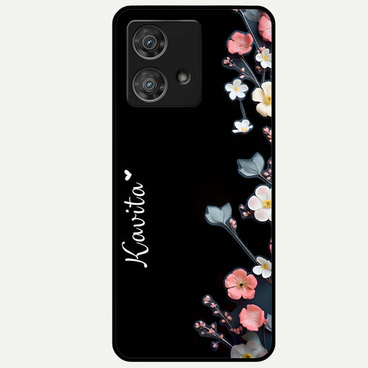  Black Elegance Floral Custom Name Glass Case For Moto Edge 40 Neo back cover – full design glossy printed glass finish