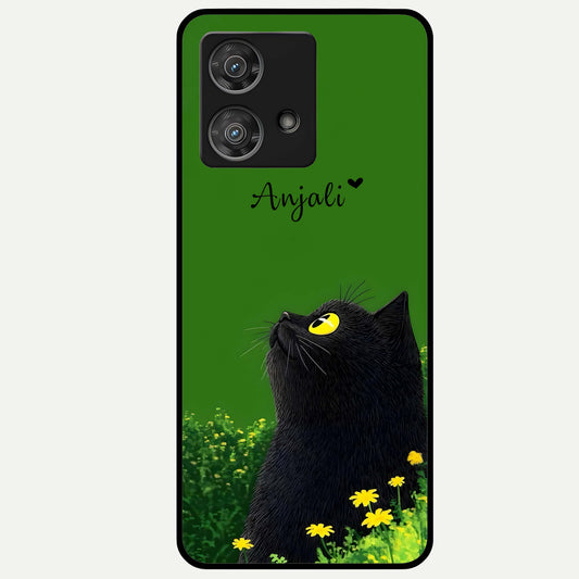  Emerald Cat Custom Name Glass Case For Moto Edge 40 Neo back cover – full design glossy printed glass finish