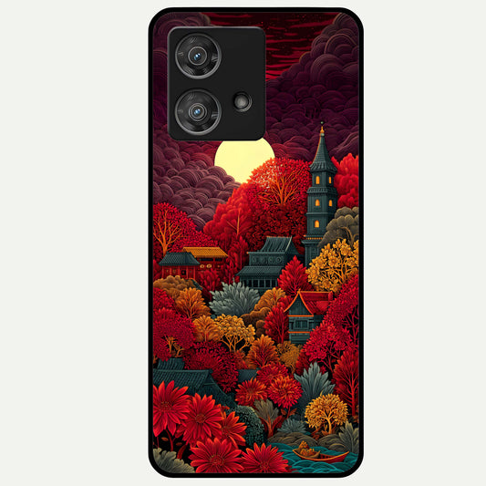  Scarlet Autumn Temple Glass Case For Moto Edge 40 Neo back cover – full design glossy printed glass finish