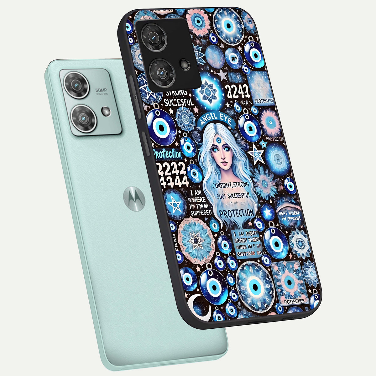  Angel Aura Shield phone case For Moto Edge 40 Neo showing premium glass back cover with detailed artwork