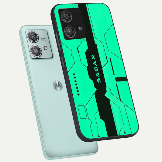  Aqua Tech CYBERPUNK Custom Name phone case For Moto Edge 40 Neo showing premium glass back cover with detailed artwork