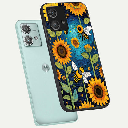  Bees And Sunflowers phone case For Moto Edge 40 Neo showing premium glass back cover with detailed artwork