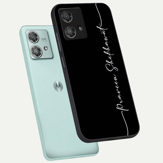  Black Tune Custom Name phone case For Moto Edge 40 Neo showing premium glass back cover with detailed artwork