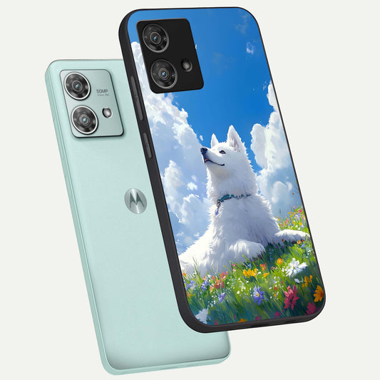  Blissful Cloud Pup phone case For Moto Edge 40 Neo showing premium glass back cover with detailed artwork