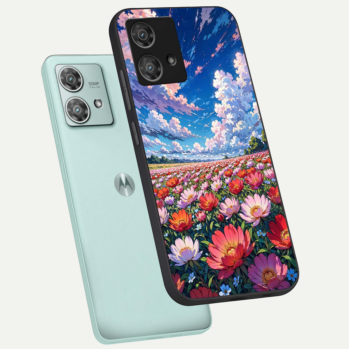  Blossom Sky Field phone case For Moto Edge 40 Neo showing premium glass back cover with detailed artwork