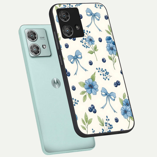  Blue Flower And Bow phone case For Moto Edge 40 Neo showing premium glass back cover with detailed artwork