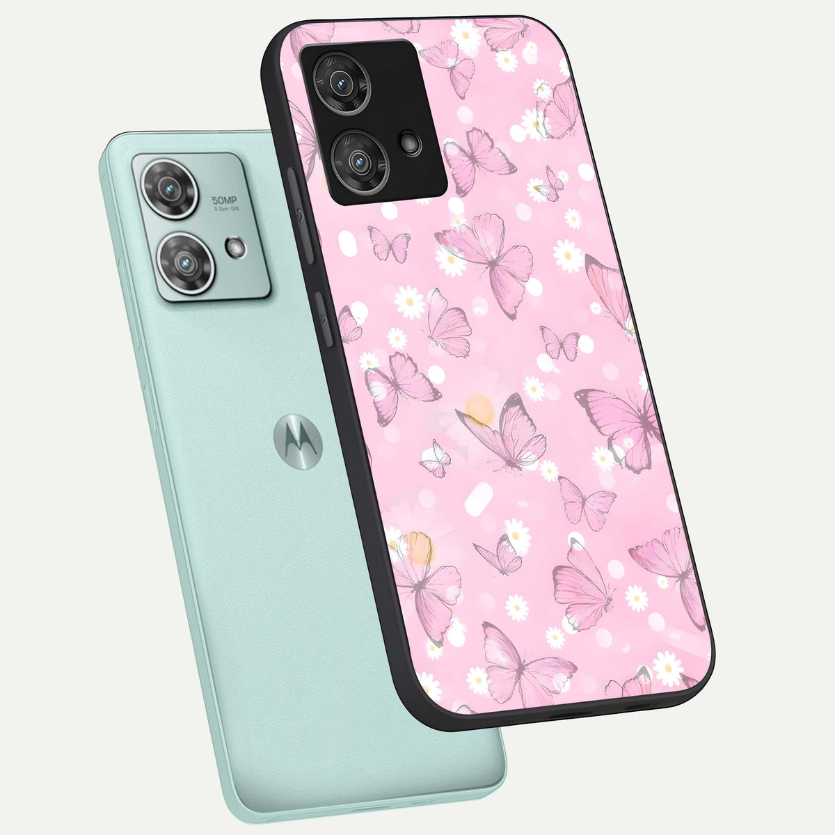  Blush Butterfly Garden phone case For Moto Edge 40 Neo showing premium glass back cover with detailed artwork