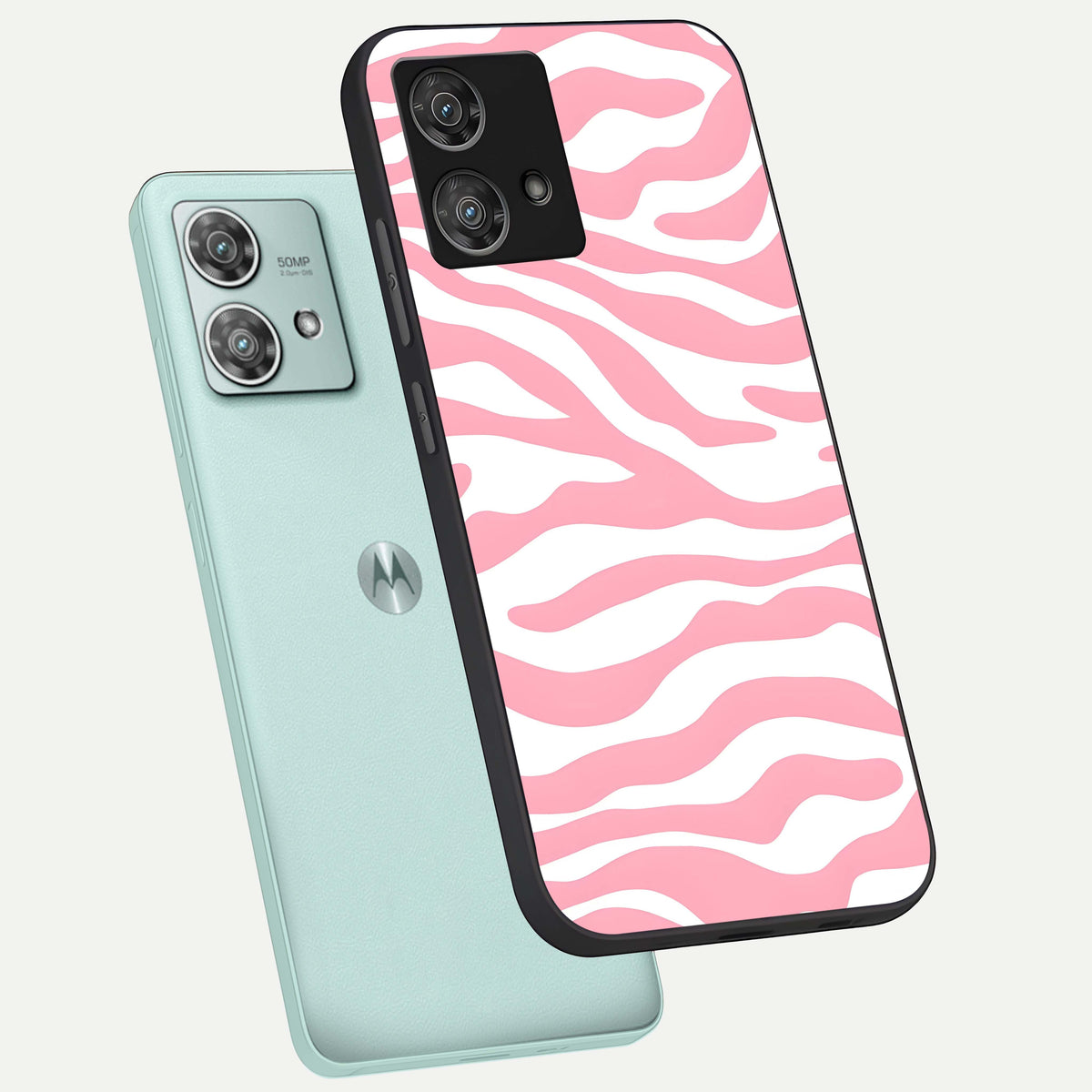  Blush Zebra Flow phone case For Moto Edge 40 Neo showing premium glass back cover with detailed artwork