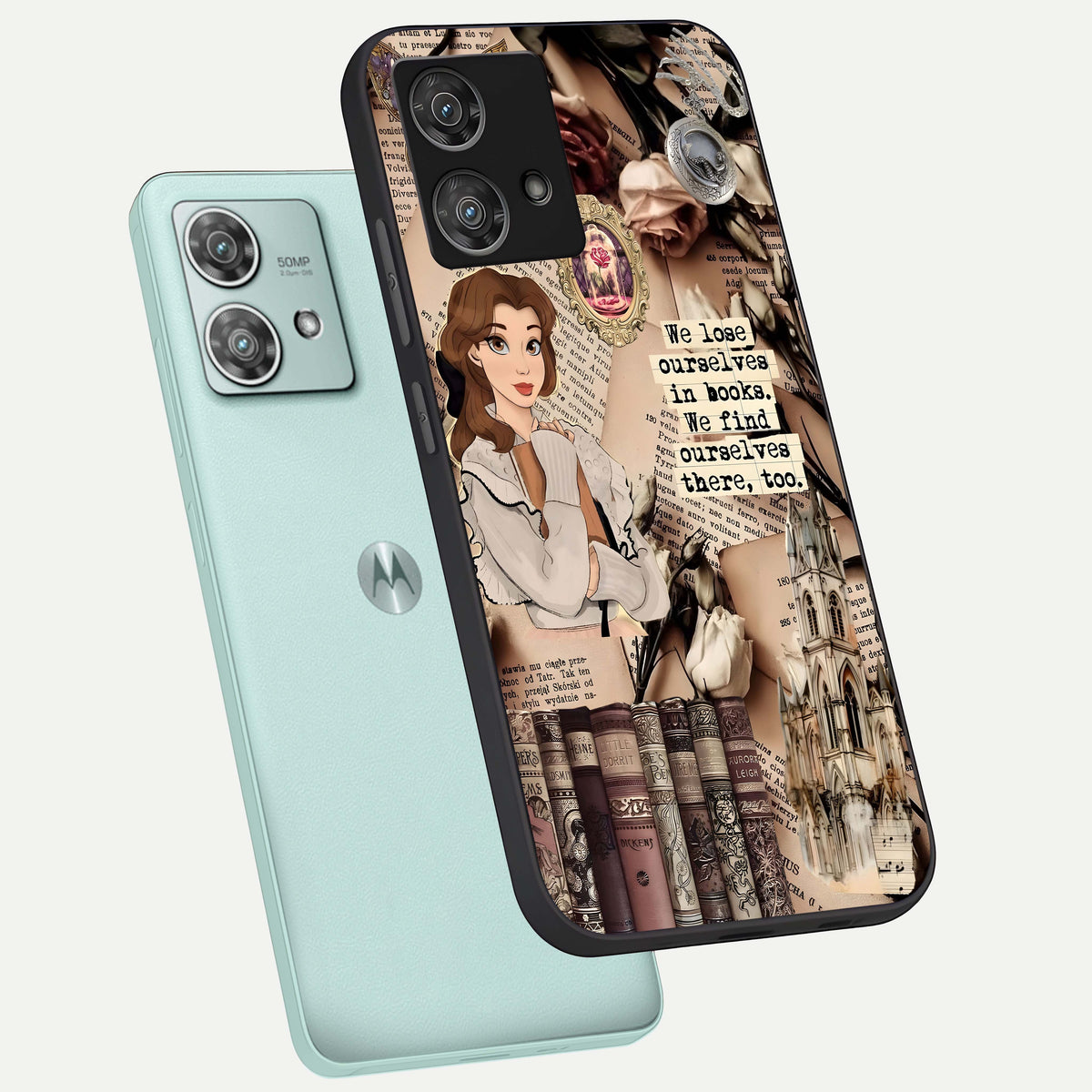 Bookish Dream World phone case For Moto Edge 40 Neo showing premium glass back cover with detailed artwork