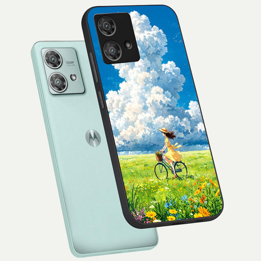  Breezy Meadow Ride phone case For Moto Edge 40 Neo showing premium glass back cover with detailed artwork