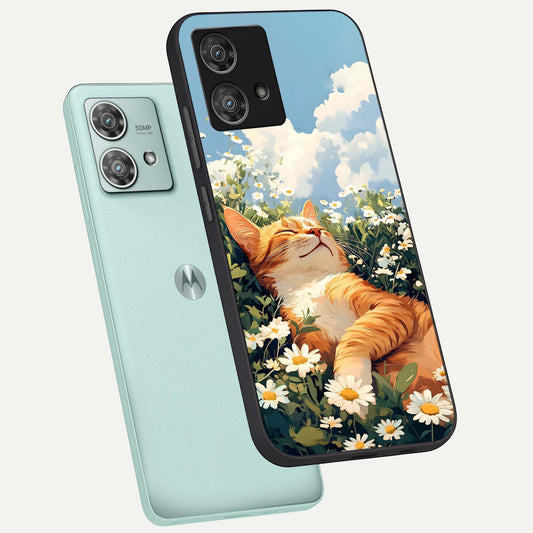  Cat And Flowers View phone case For Moto Edge 40 Neo showing premium glass back cover with detailed artwork