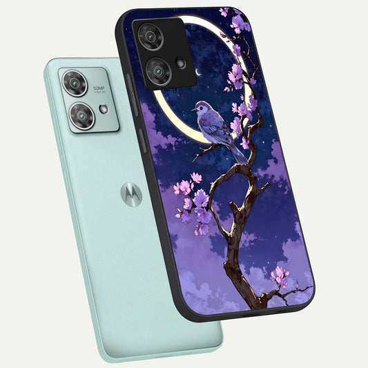  Celestial Bird Blossom phone case For Moto Edge 40 Neo showing premium glass back cover with detailed artwork