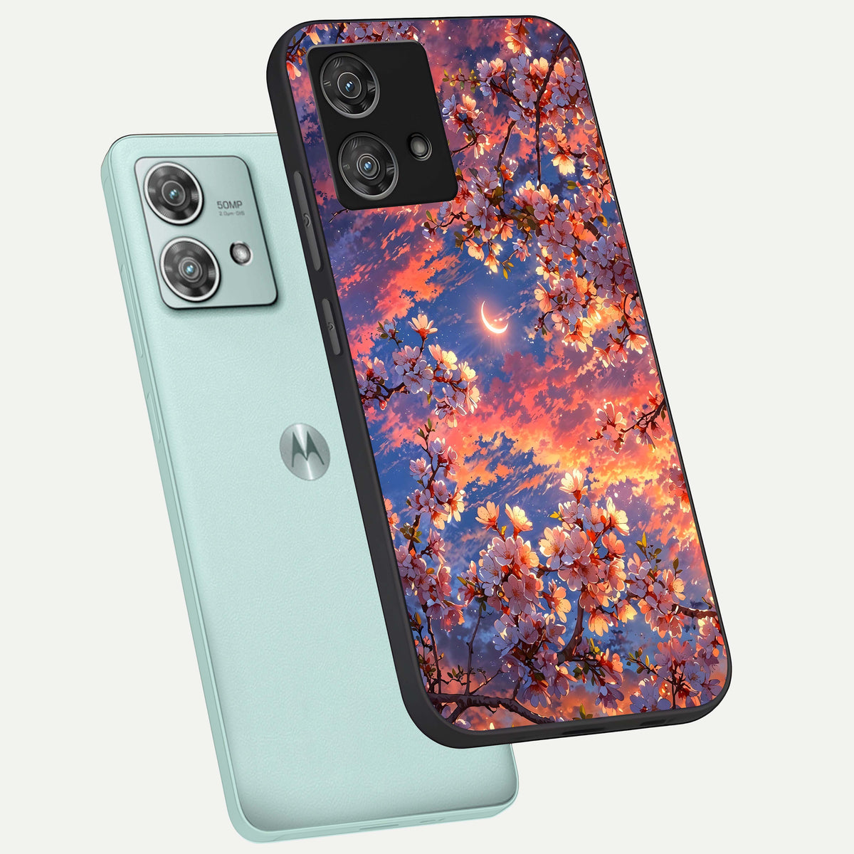  Celestial Sakura Sunset phone case For Moto Edge 40 Neo showing premium glass back cover with detailed artwork