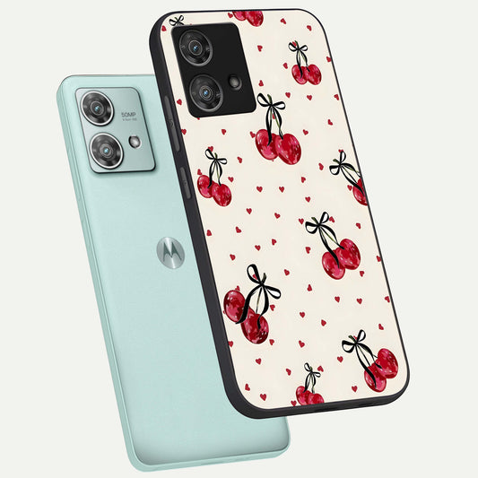  Cherry Heart Bow phone case For Moto Edge 40 Neo showing premium glass back cover with detailed artwork