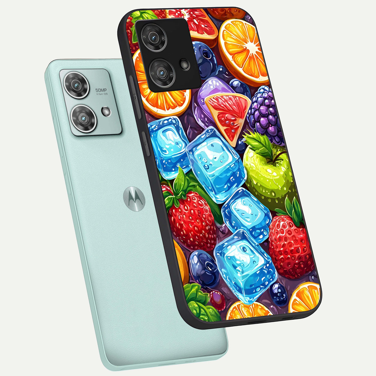  Colorful Fruits with Ice phone case For Moto Edge 40 Neo showing premium glass back cover with detailed artwork