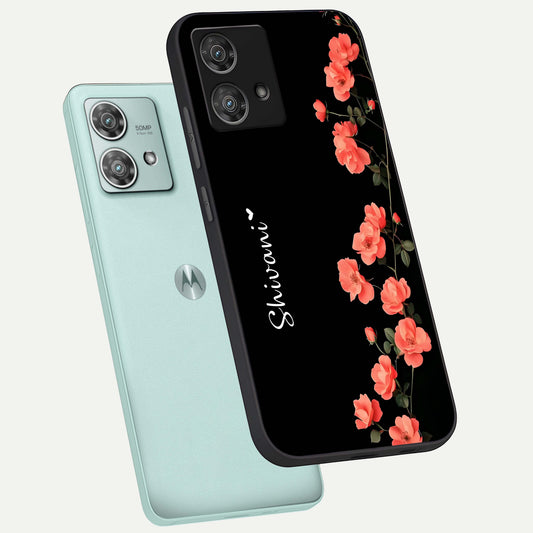  Crimson Bloom Grace Custom Name phone case For Moto Edge 40 Neo showing premium glass back cover with detailed artwork