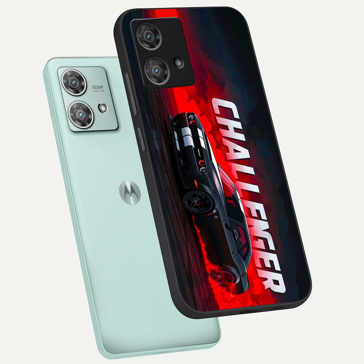  Crimson Challenger Fury phone case For Moto Edge 40 Neo showing premium glass back cover with detailed artwork