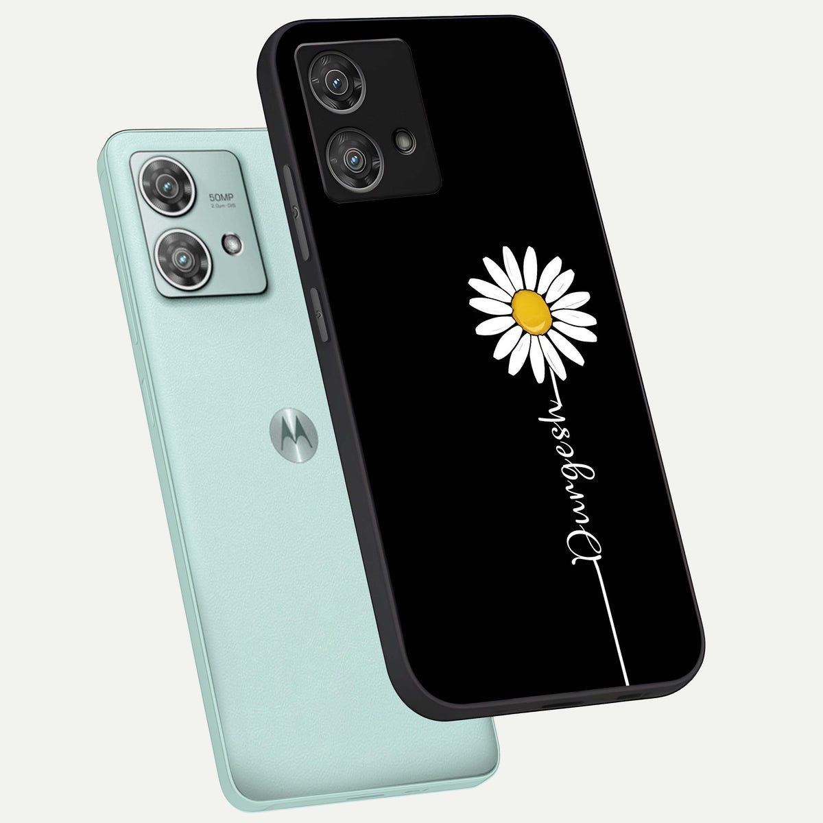  Custom Name White Flower phone case For Moto Edge 40 Neo showing premium glass back cover with detailed artwork