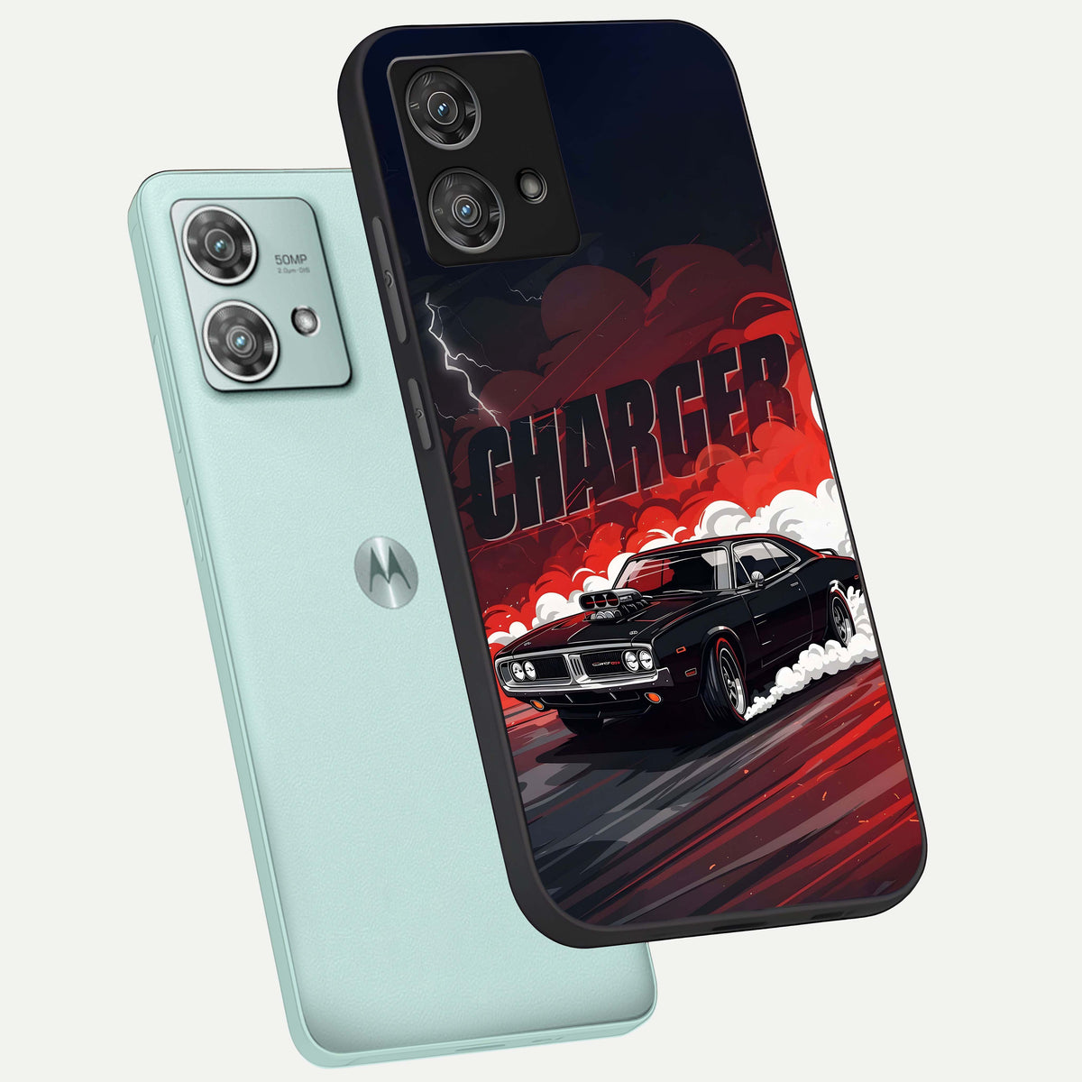  Dark Charger Fury phone case For Moto Edge 40 Neo showing premium glass back cover with detailed artwork