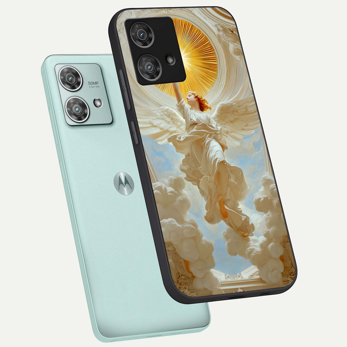  Divine Light Angel phone case For Moto Edge 40 Neo showing premium glass back cover with detailed artwork