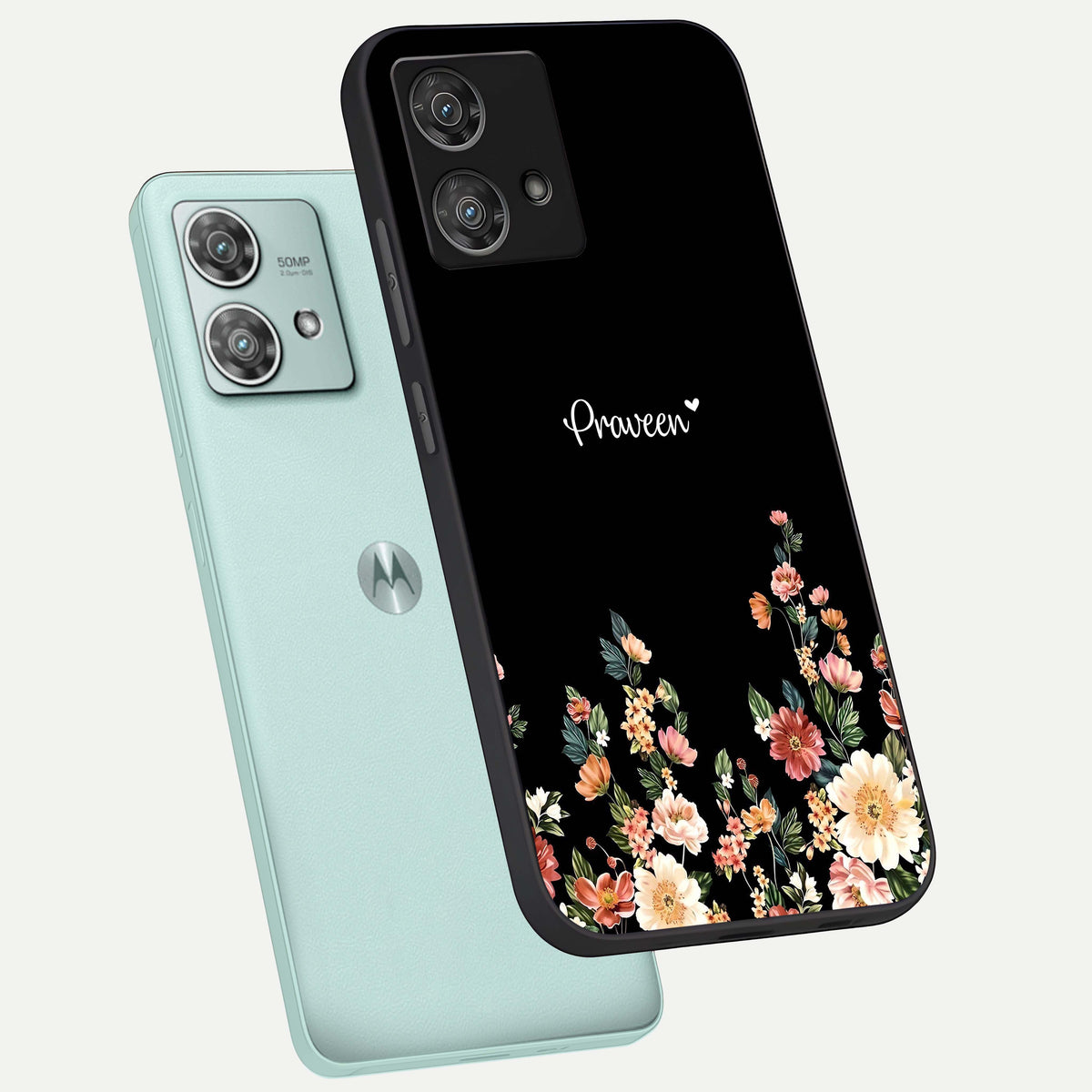  Floral Design Personalized Custom Name phone case For Moto Edge 40 Neo showing premium glass back cover with detailed artwork