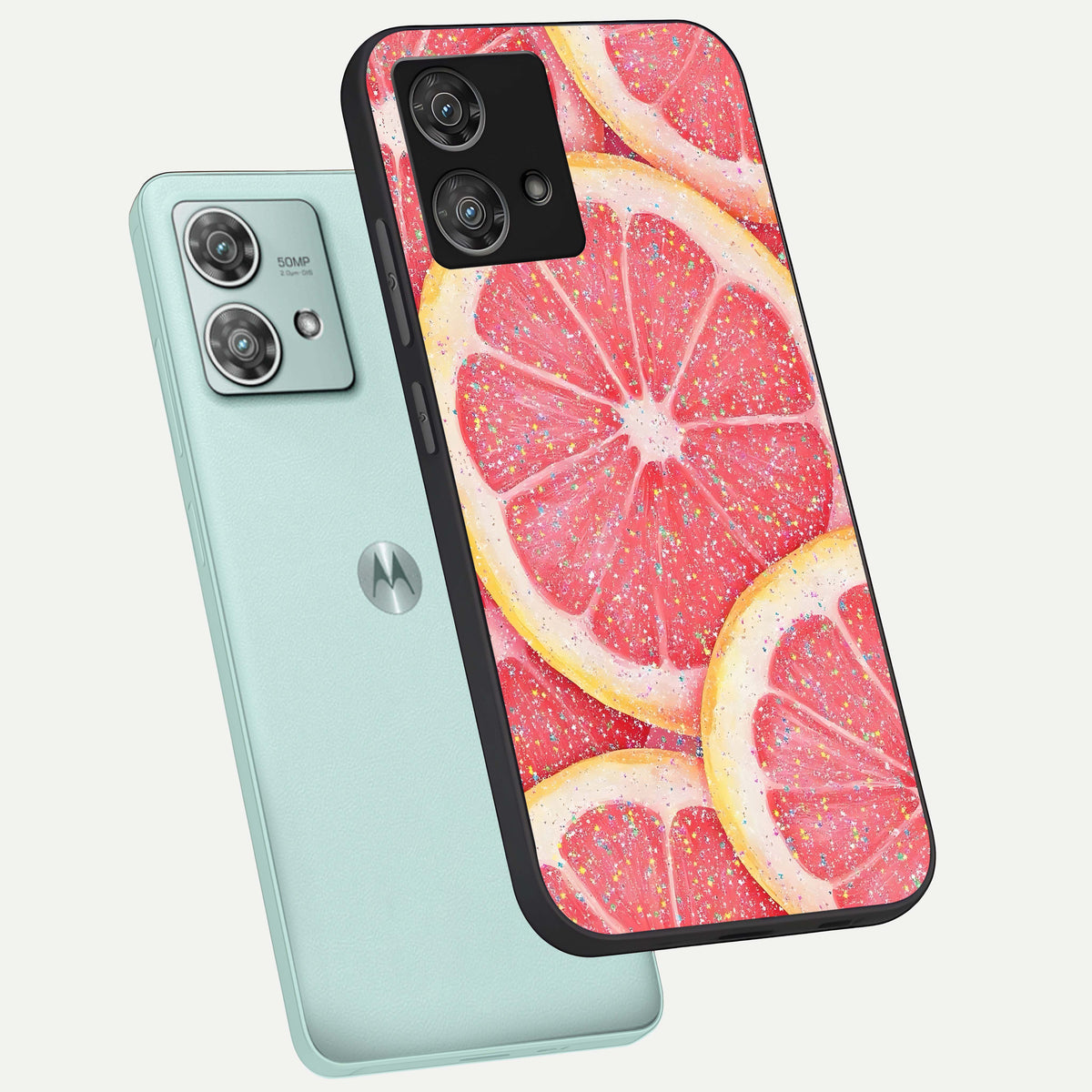  Glitter Grapefruit phone case For Moto Edge 40 Neo showing premium glass back cover with detailed artwork