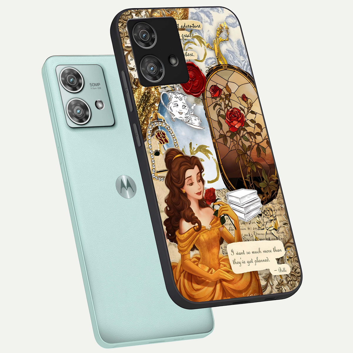  Golden Dream Belle phone case For Moto Edge 40 Neo showing premium glass back cover with detailed artwork