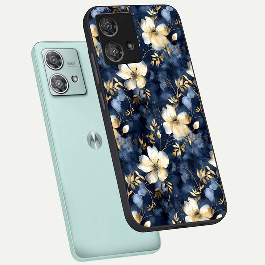  Golden Midnight Bloom phone case For Moto Edge 40 Neo showing premium glass back cover with detailed artwork