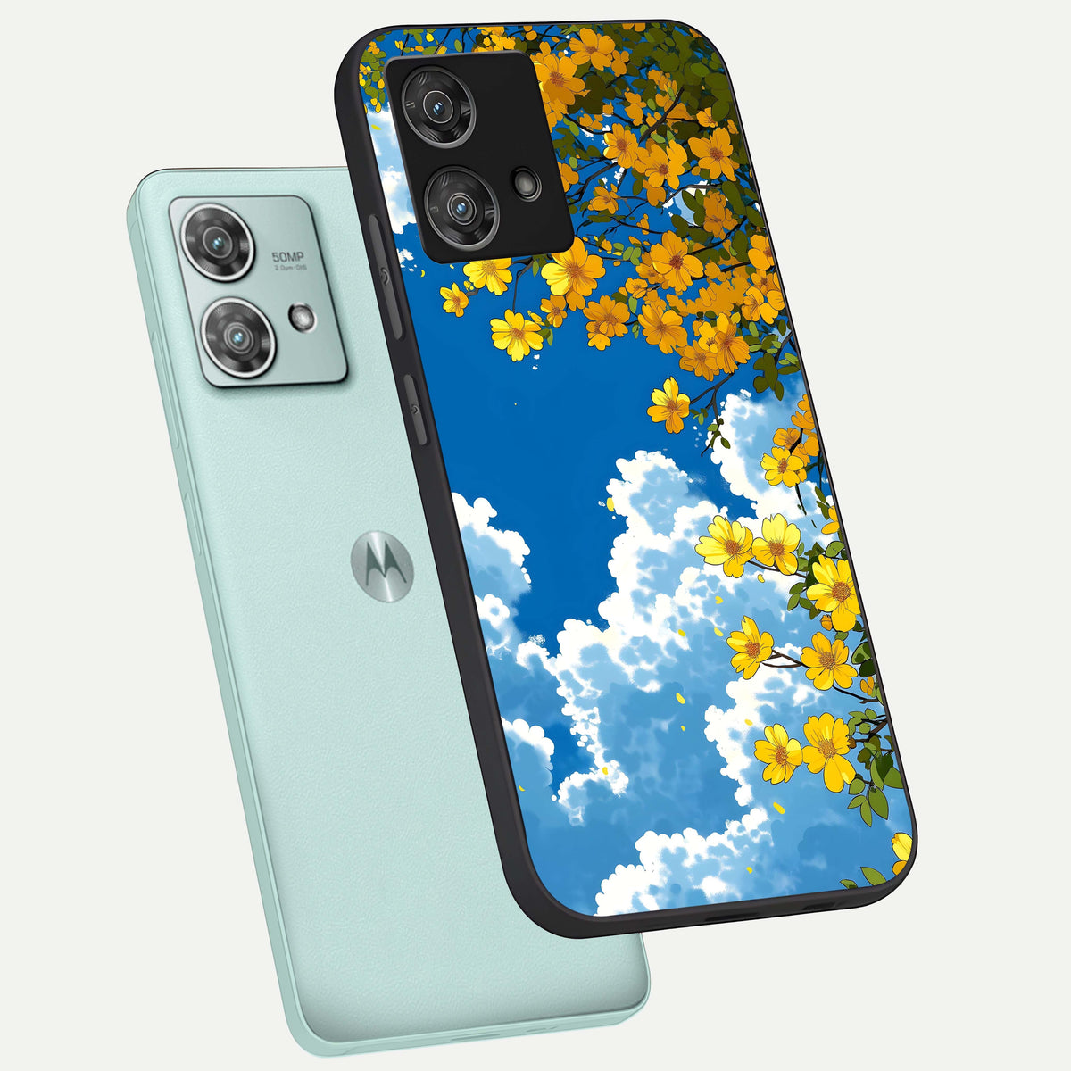  Golden Petal Sky phone case For Moto Edge 40 Neo showing premium glass back cover with detailed artwork
