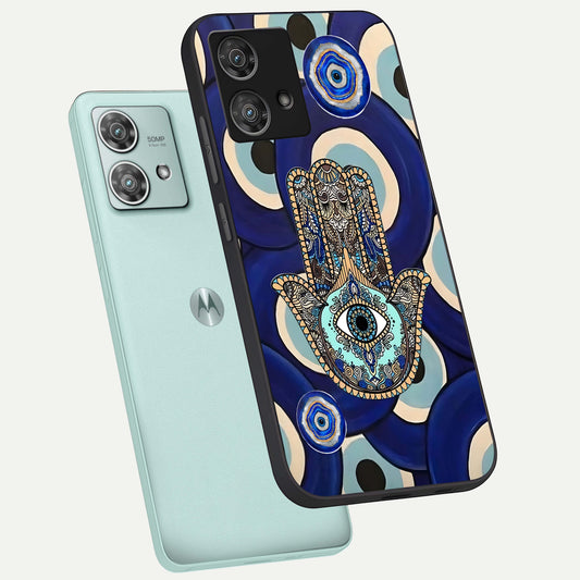  Hamsa Divine Guard phone case For Moto Edge 40 Neo showing premium glass back cover with detailed artwork
