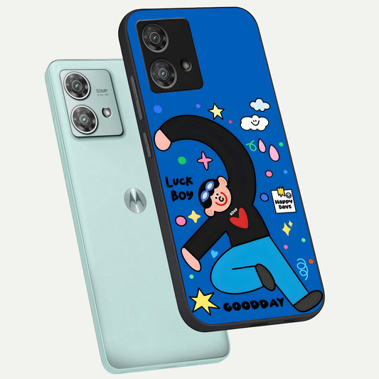  Happy Luck Vibe phone case For Moto Edge 40 Neo showing premium glass back cover with detailed artwork
