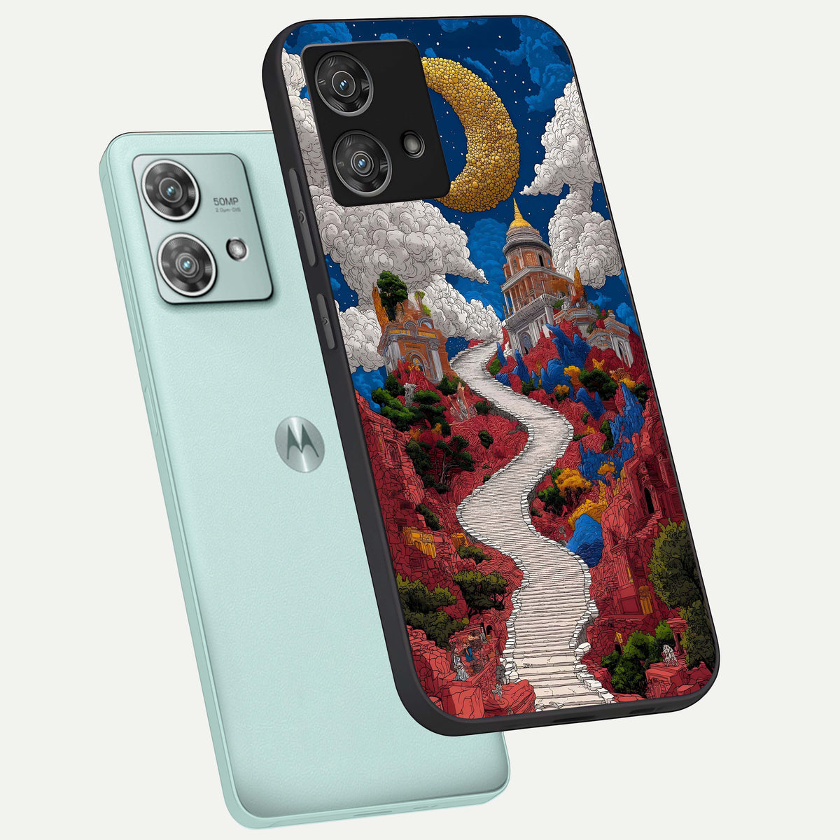  Heavenly Moon Path phone case For Moto Edge 40 Neo showing premium glass back cover with detailed artwork