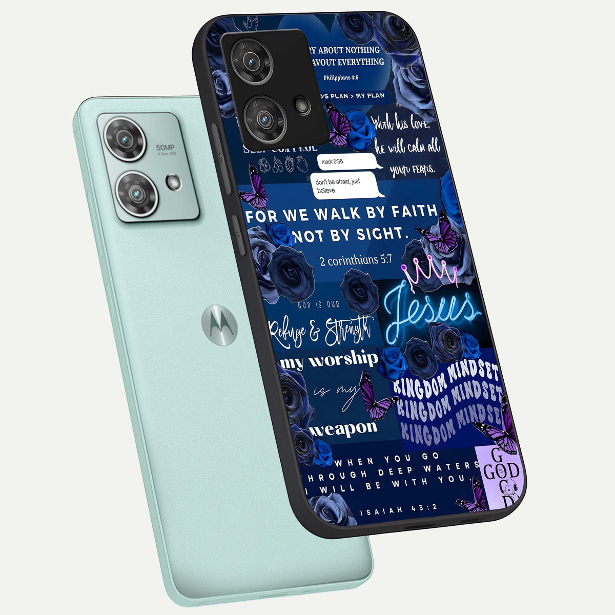  Kingdom Faith Glow phone case For Moto Edge 40 Neo showing premium glass back cover with detailed artwork